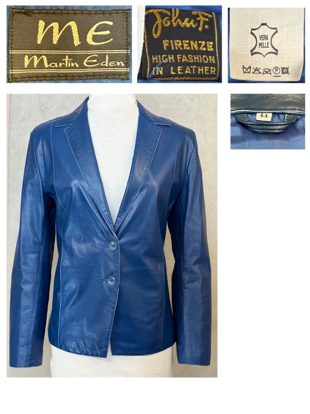 Martin Eden John F Firenze Blue Leather Blazer Jacket Italy VTG Women IT 44 US 8